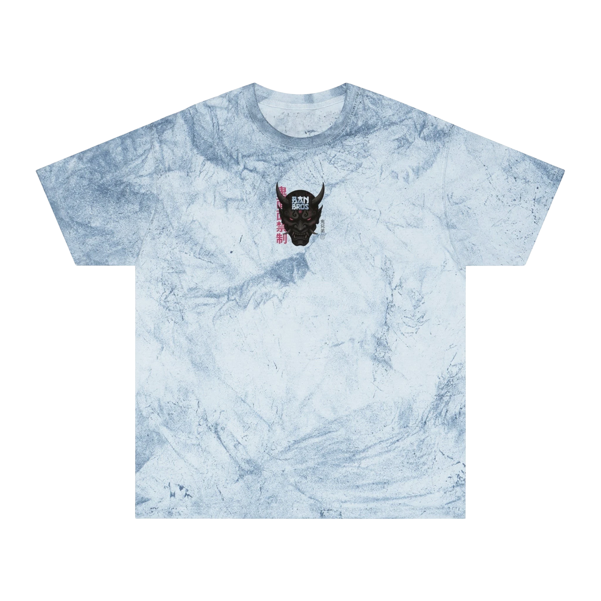 BAN BROS light blue color-blast cotton t-shirt with a small black oni mask graphic on the chest.