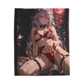 BAN BROS Castorice velveteen blanket featuring a vibrant anime-style illustration of a girl in red lingerie.