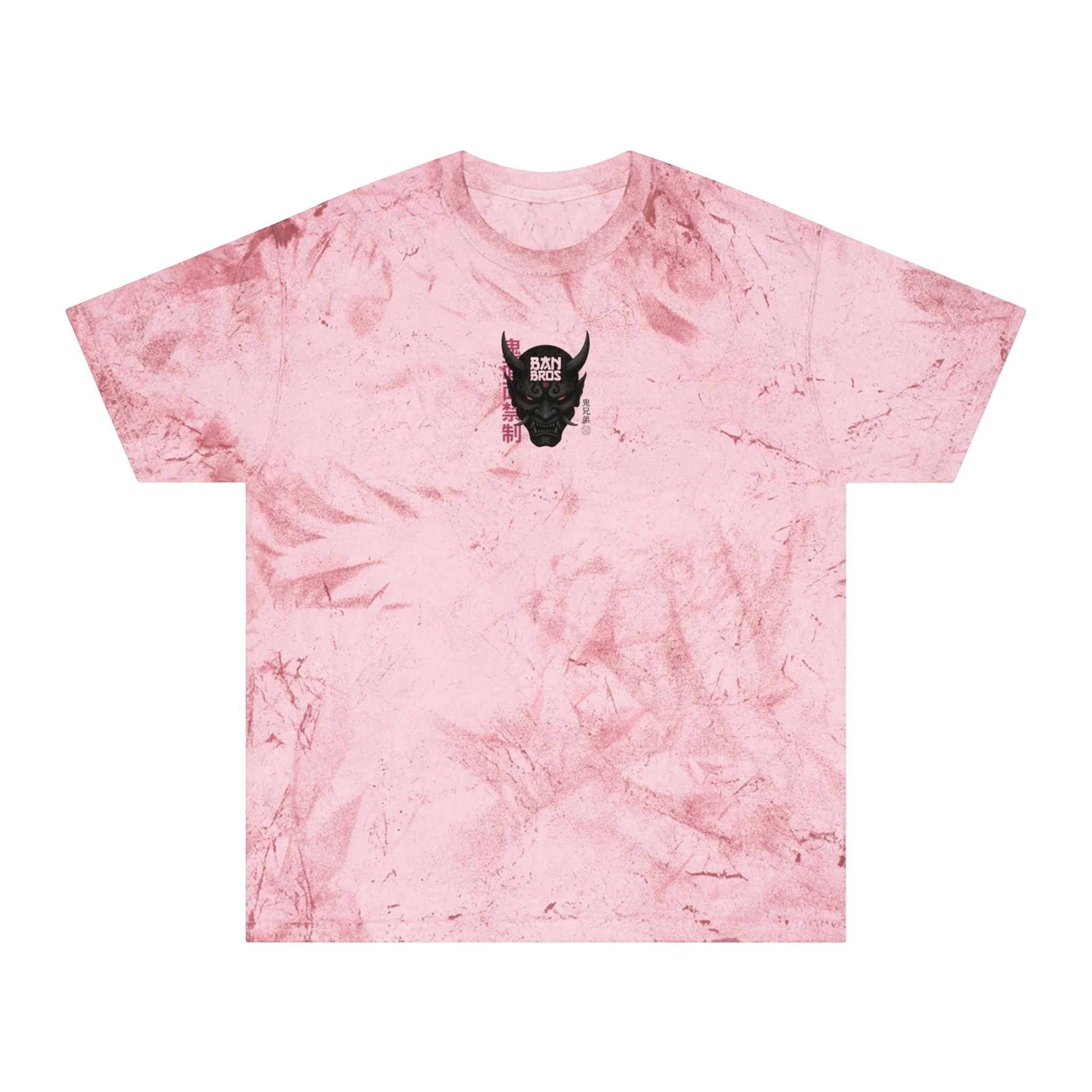 BAN BROS pink color-blast cotton t-shirt with a black anime-inspired oni mask graphic on the chest
