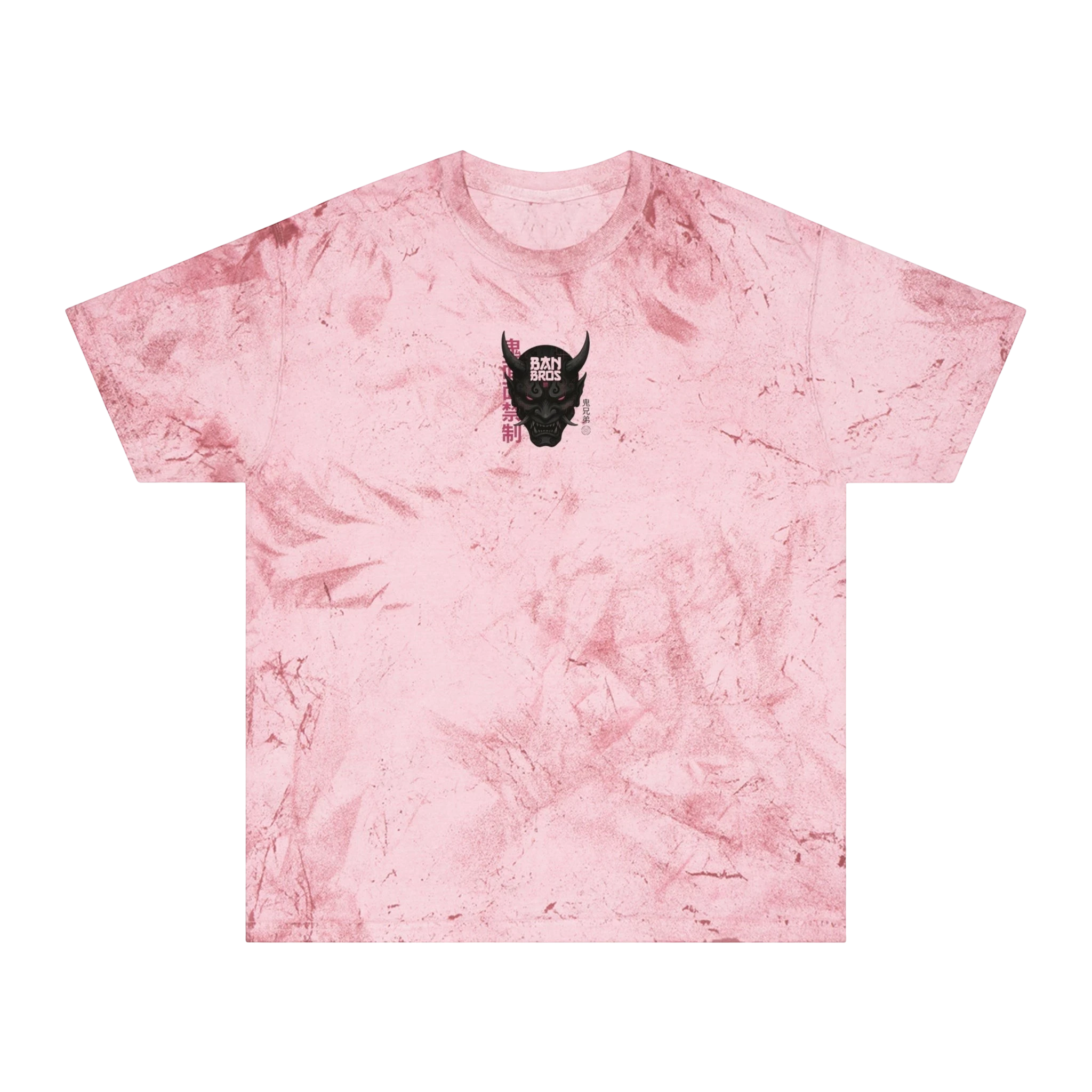 BAN BROS pink color-blast cotton t-shirt featuring a black anime-style oni mask graphic on the chest.