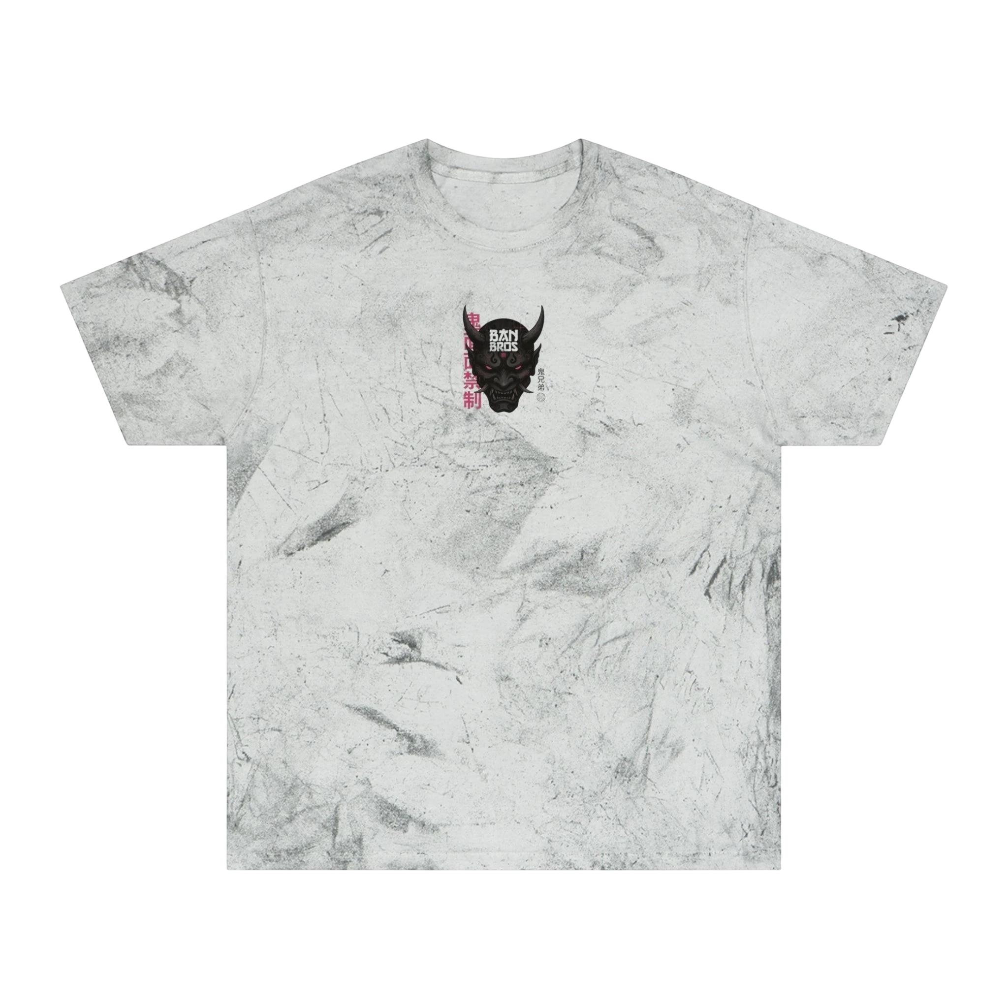 BAN BROS Stressed Albedo graphic t-shirt in grey color-blast cotton with a small oni mask chest print.